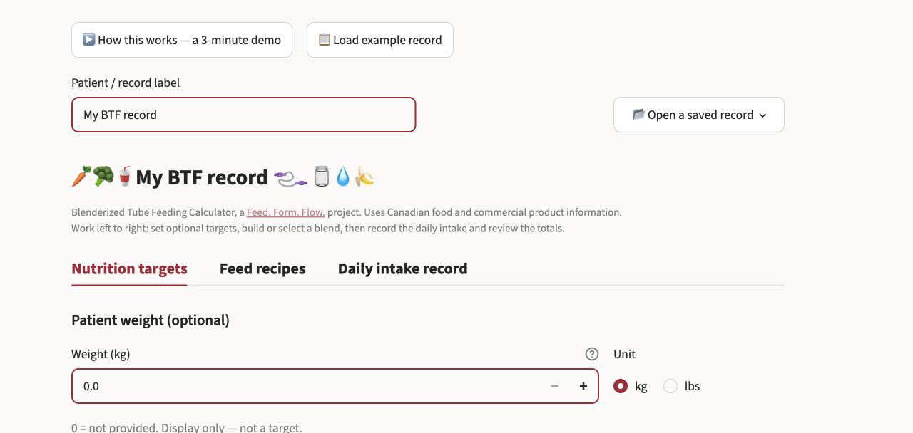 The blank BTFCalc opening screen, with an optional patient weight field and tabs for Nutrition targets, Feed recipes and Daily intake record.
