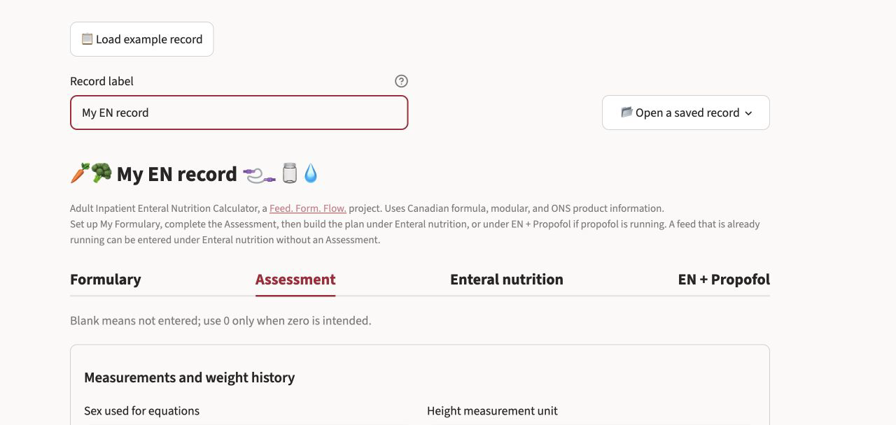 The blank ENCalc Assessment tab, with fields for a record label, measurements and weight history, and tabs for Formulary, Assessment, Enteral nutrition and EN plus Propofol.